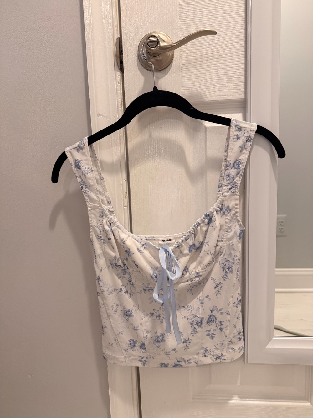 Garage White Floral Tie-Front Camisole with Blue Print